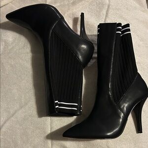 Design Lab Lord & Taylor Black Pointed Stiletto Sock Boots with White Stripe